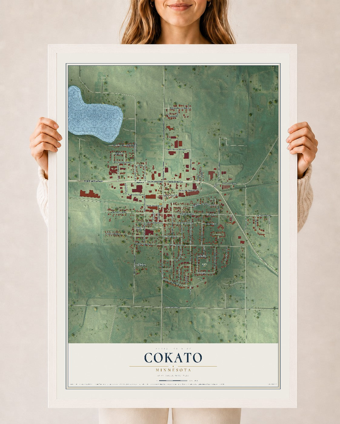 Map of Cokato, Minnesota, 24 x 36 inch print in a white wood frame
