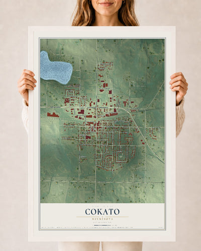 Map of Cokato, Minnesota, 24 x 36 inch print in a white wood frame