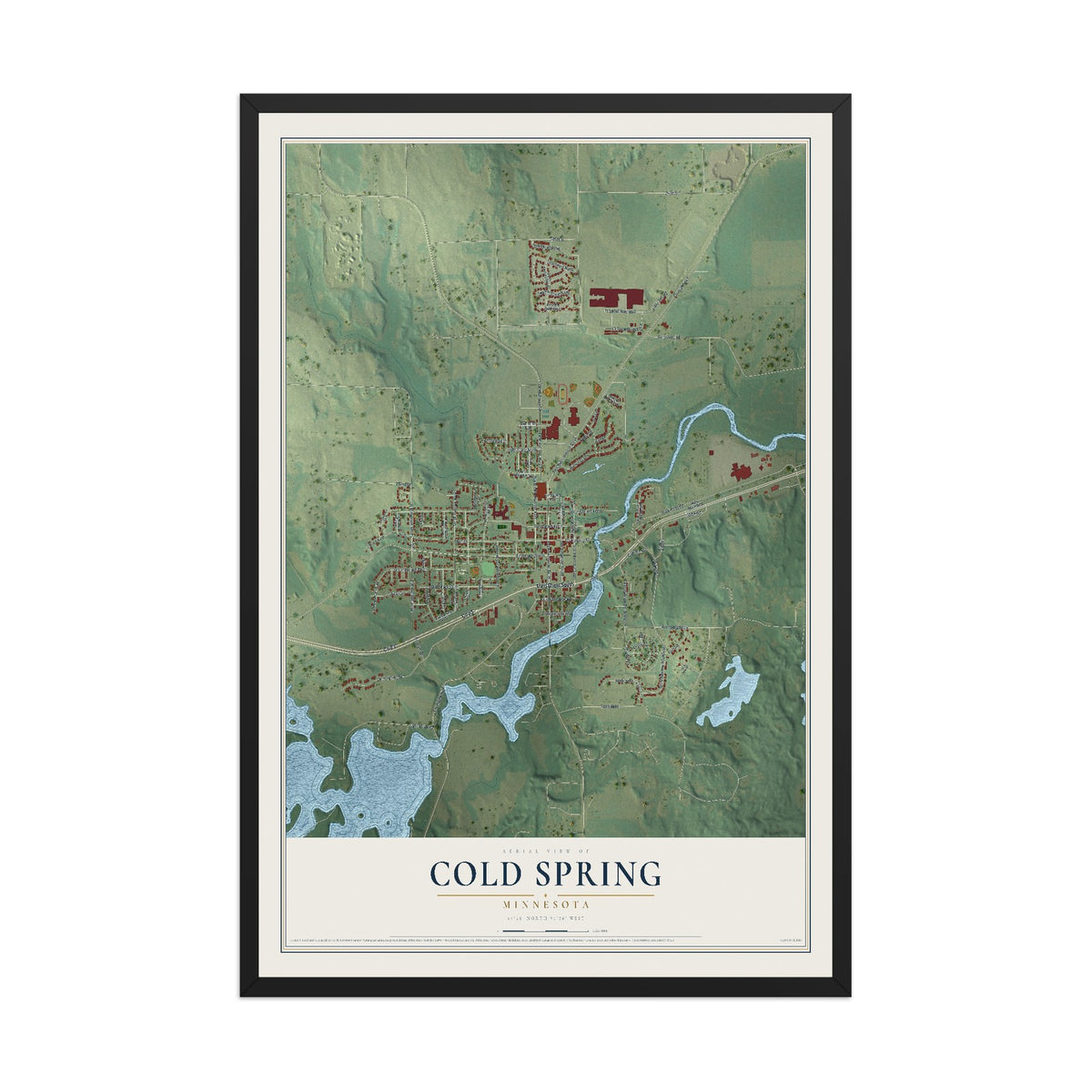 Map of Cold Spring, Minnesota, 12 x 18 inch print in a black wood frame