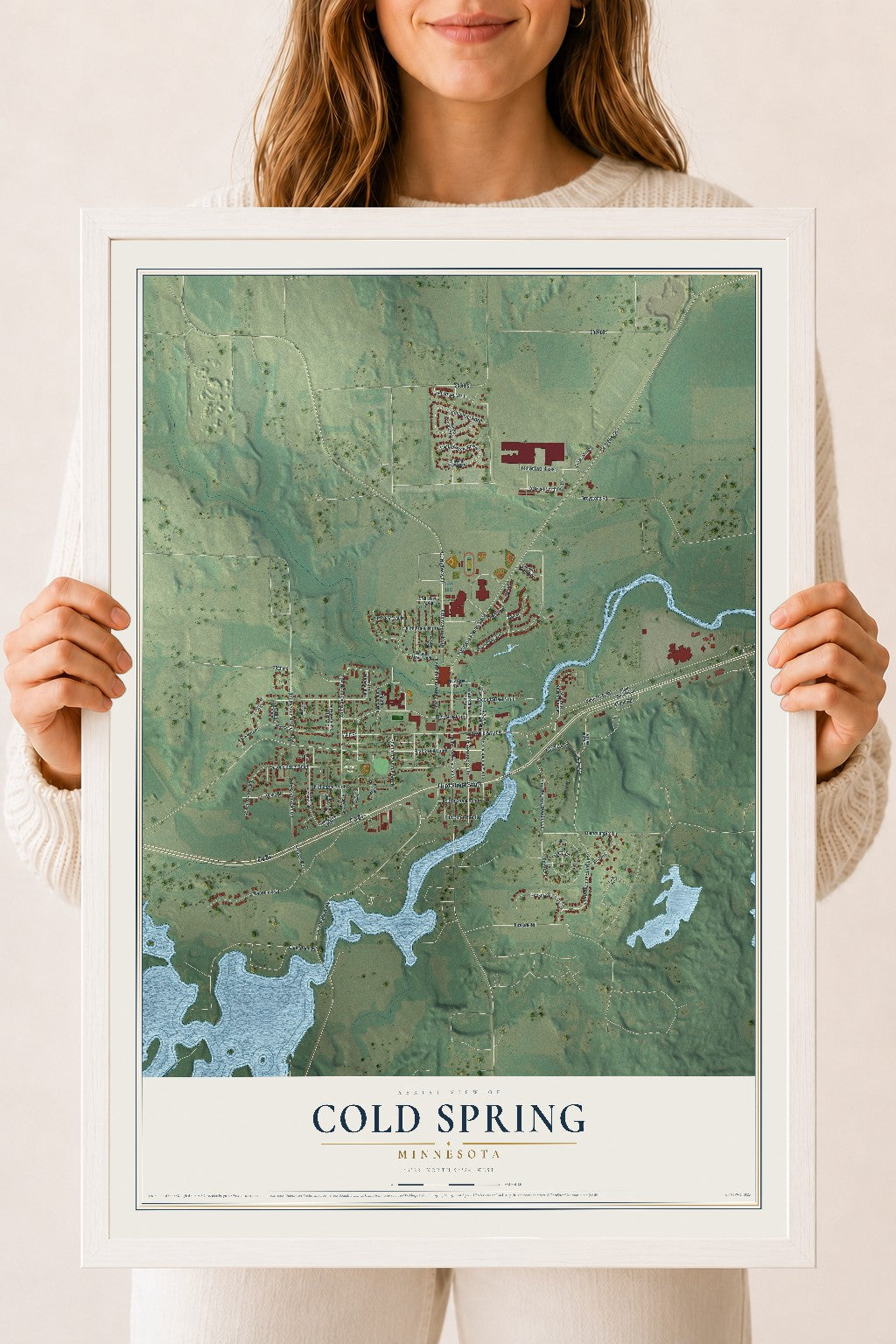 Map of Cold Spring, Minnesota, 18 x 24 inch print in a white wood frame