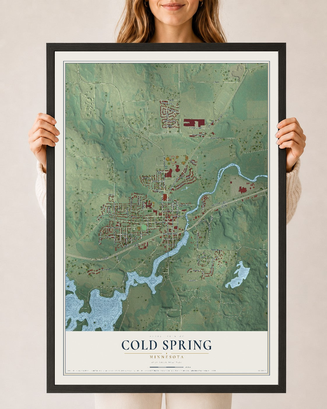 Map of Cold Spring, Minnesota, 24 x 36 inch print in a black wood frame