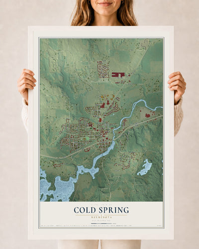 Map of Cold Spring, Minnesota, 24 x 36 inch print in a white wood frame