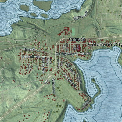 Close-up of the map of Coleraine, Minnesota print showing street and building detail