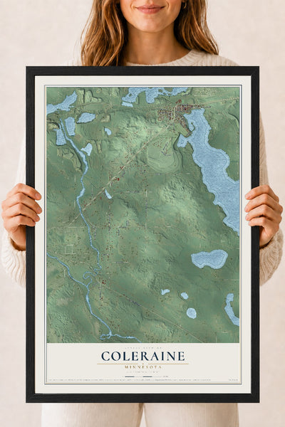 Map of Coleraine, Minnesota, 18 x 24 inch print in a black wood frame