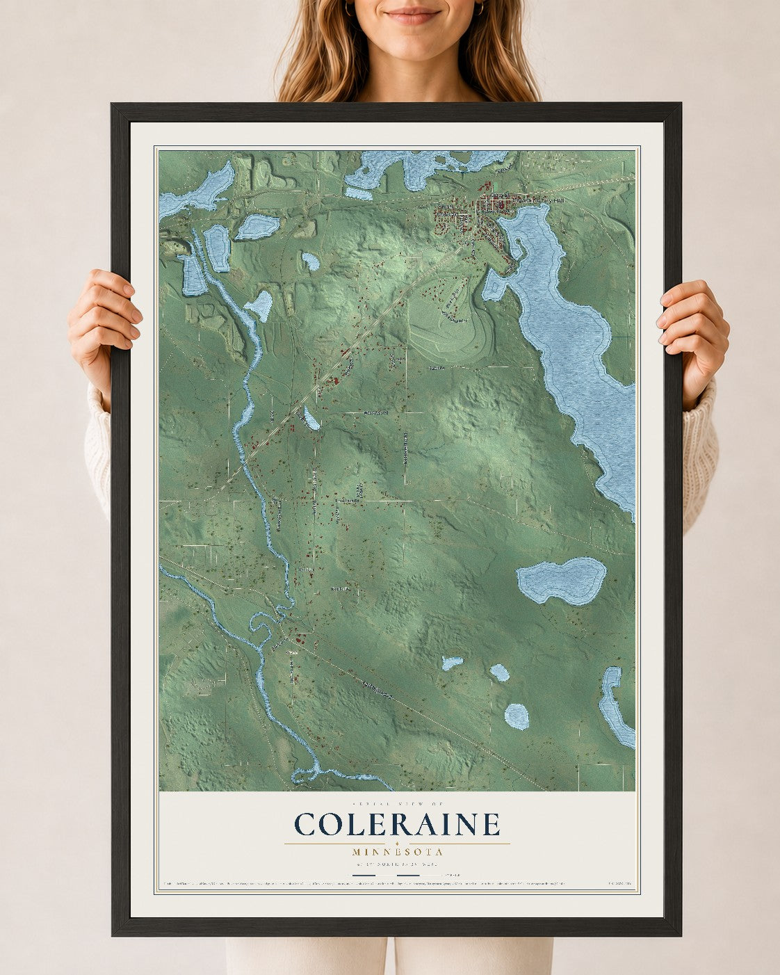 Map of Coleraine, Minnesota, 24 x 36 inch print in a black wood frame