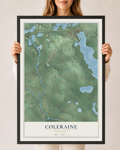 Map of Coleraine, Minnesota, 24 x 36 inch print in a black wood frame