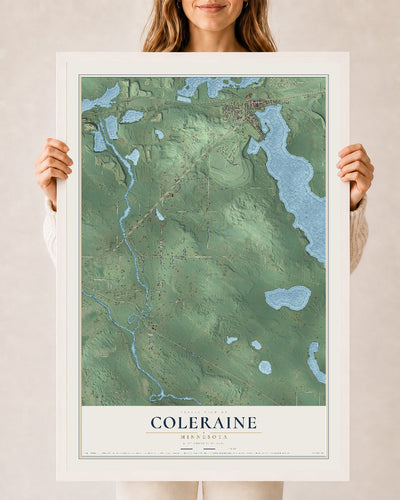 Map of Coleraine, Minnesota, 24 x 36 inch print in a white wood frame