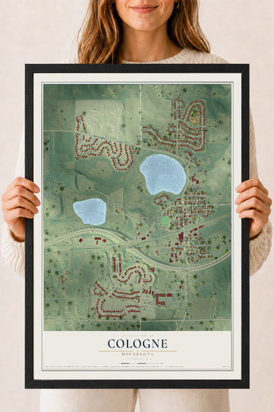 Map of Cologne, Minnesota, 18 x 24 inch print in a black wood frame