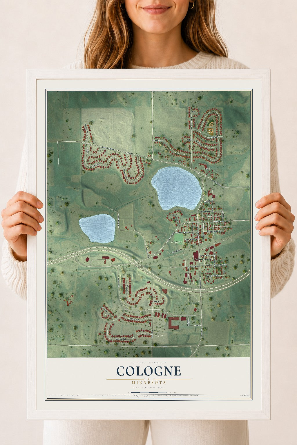 Map of Cologne, Minnesota, 18 x 24 inch print in a white wood frame