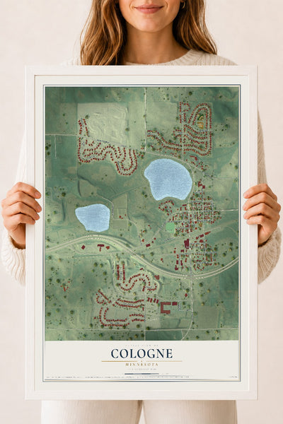 Map of Cologne, Minnesota, 18 x 24 inch print in a white wood frame
