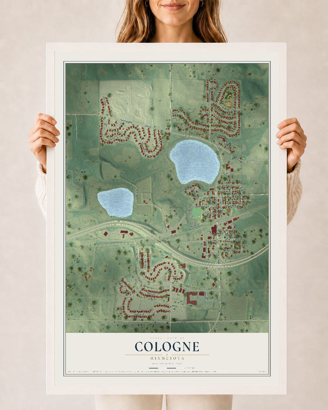 Map of Cologne, Minnesota, 24 x 36 inch print in a white wood frame