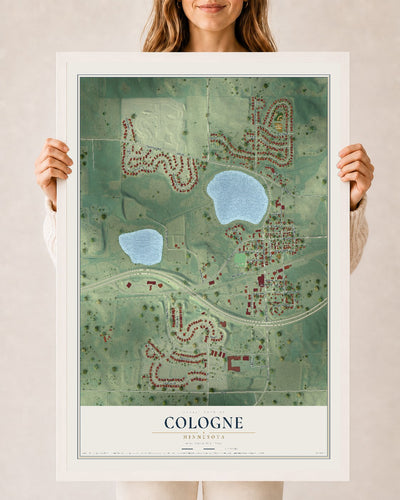 Map of Cologne, Minnesota, 24 x 36 inch print in a white wood frame