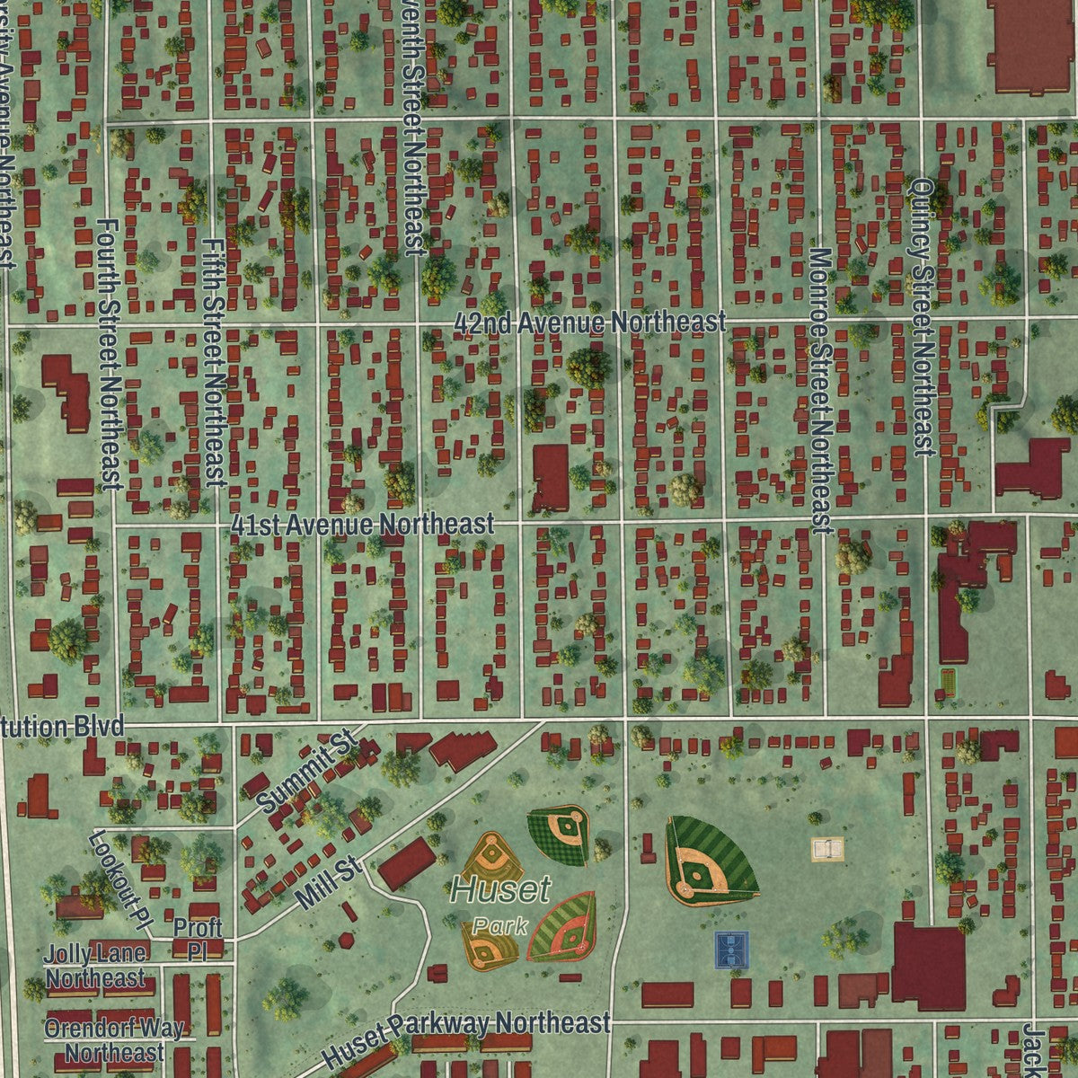 Close-up of the map of Columbia Heights, Minnesota print showing street and building detail