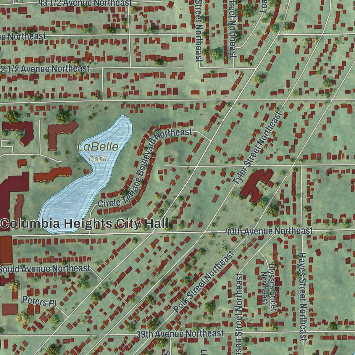 Second close-up of the map of Columbia Heights, Minnesota print showing more streets and buildings