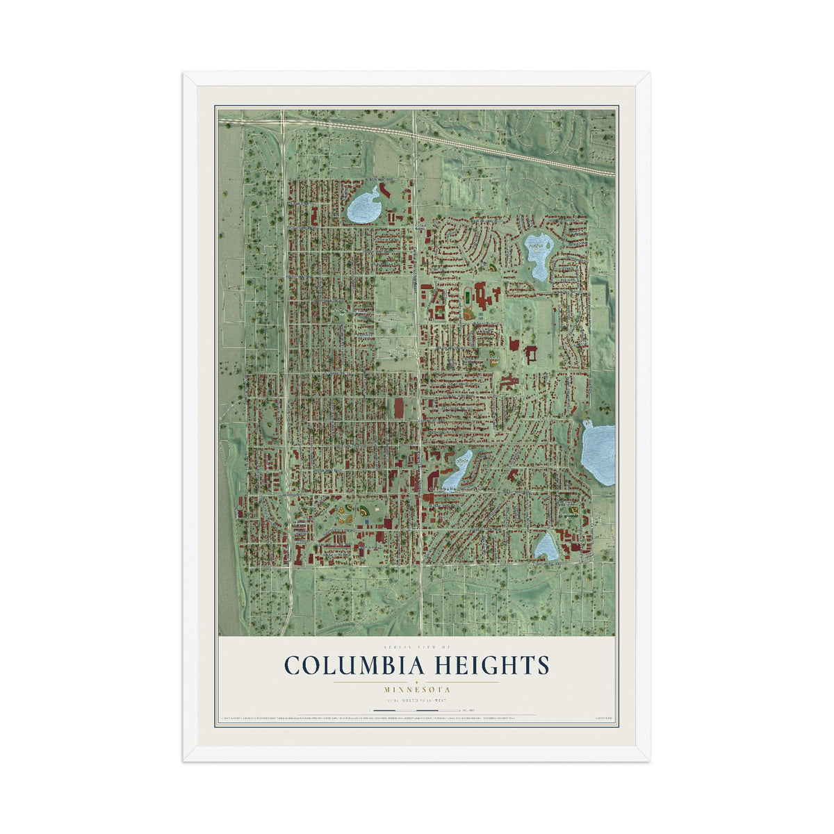 Map of Columbia Heights, Minnesota, 12 x 18 inch print in a white wood frame