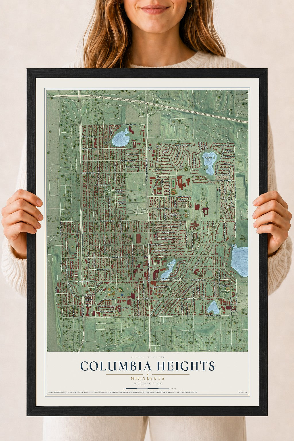 Map of Columbia Heights, Minnesota, 18 x 24 inch print in a black wood frame