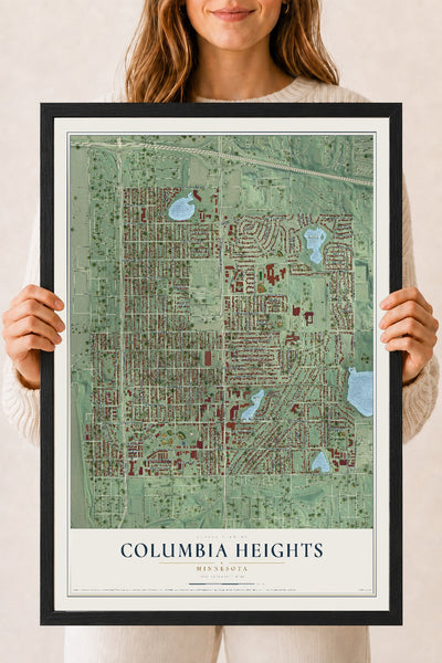 Map of Columbia Heights, Minnesota, 18 x 24 inch print in a black wood frame