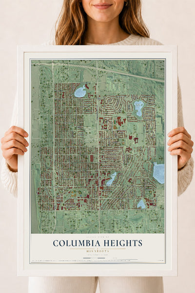 Map of Columbia Heights, Minnesota, 18 x 24 inch print in a white wood frame