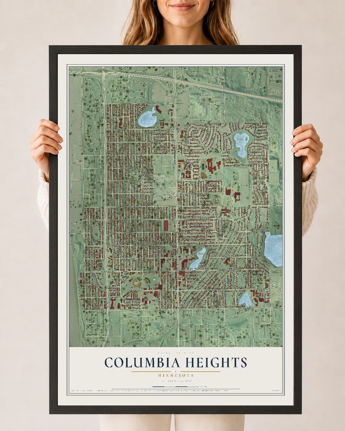 Map of Columbia Heights, Minnesota, 24 x 36 inch print in a black wood frame