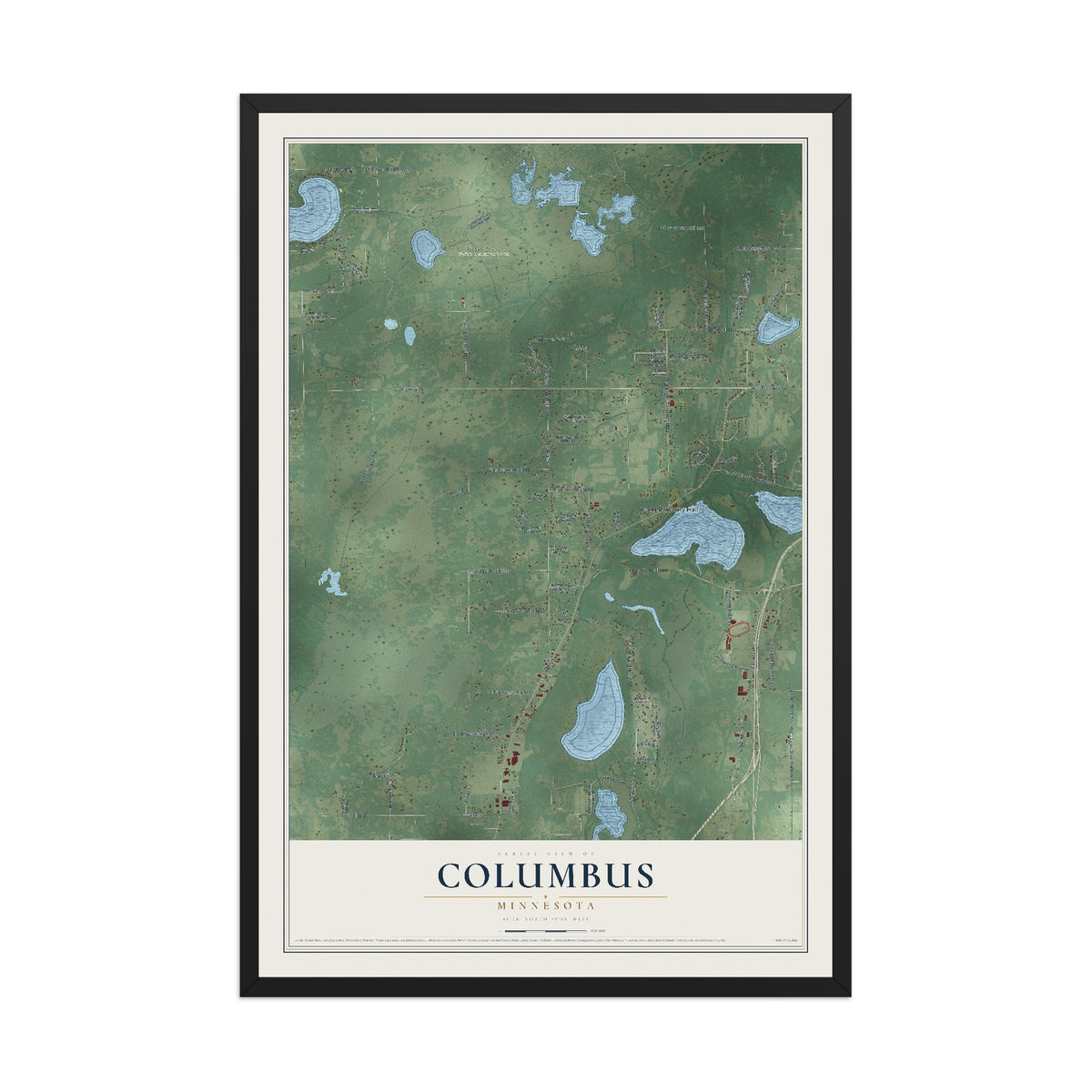 Map of Columbus, Minnesota, 12 x 18 inch print in a black wood frame