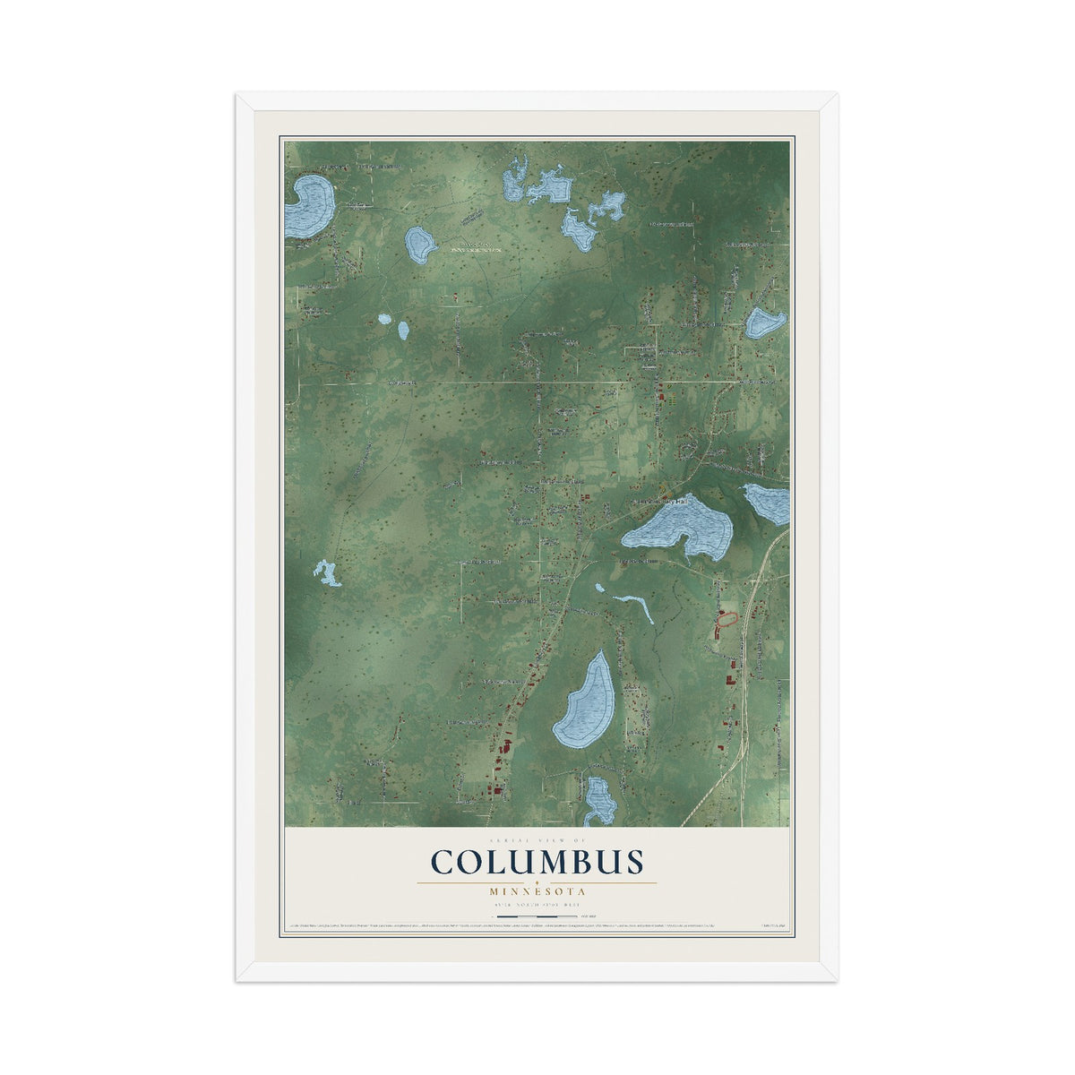 Map of Columbus, Minnesota, 12 x 18 inch print in a white wood frame