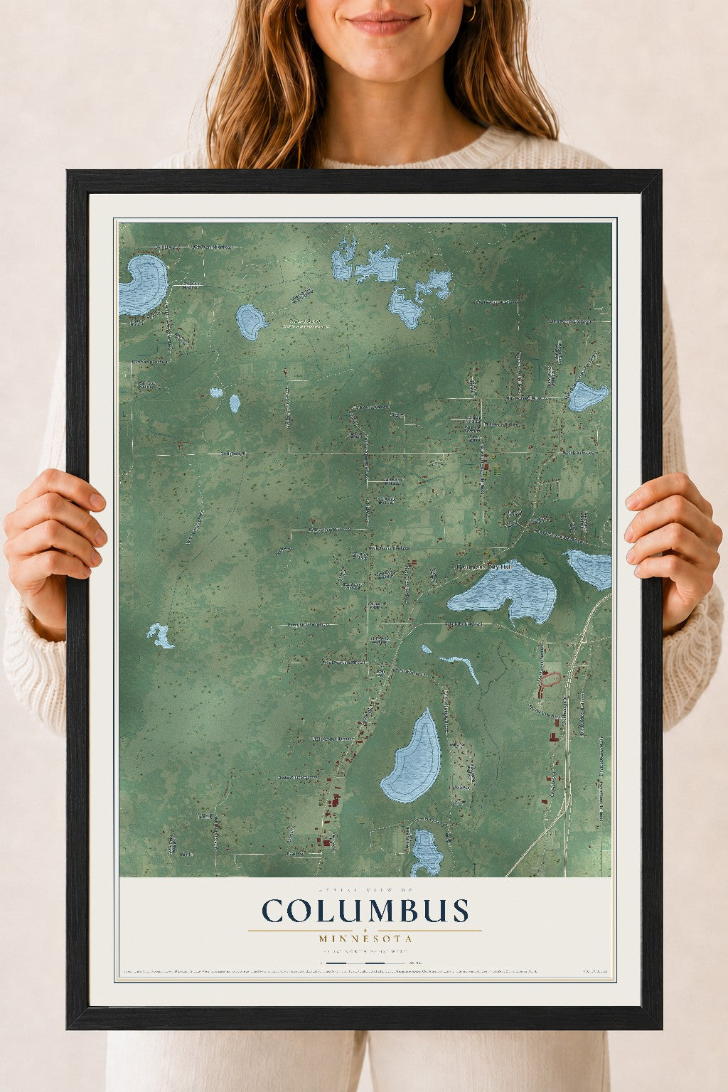 Map of Columbus, Minnesota, 18 x 24 inch print in a black wood frame