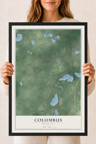 Map of Columbus, Minnesota, 18 x 24 inch print in a black wood frame