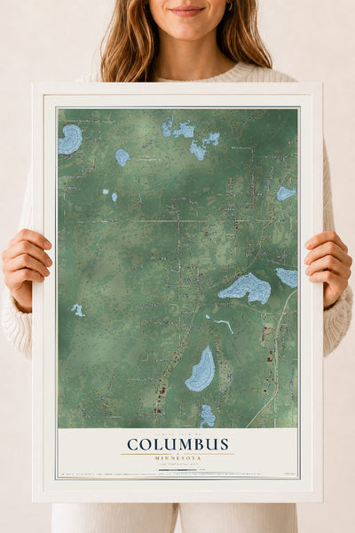 Map of Columbus, Minnesota, 18 x 24 inch print in a white wood frame