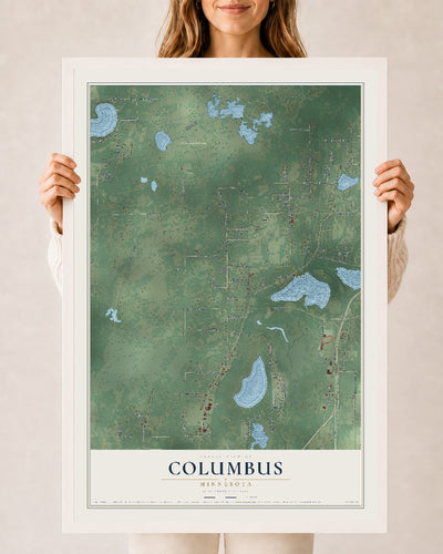Map of Columbus, Minnesota, 24 x 36 inch print in a white wood frame