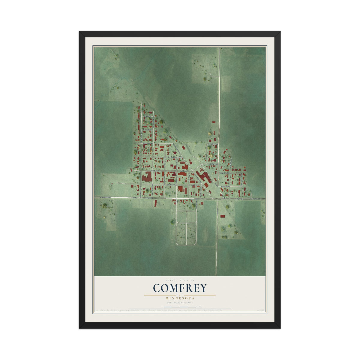 Map of Comfrey, Minnesota, 12 x 18 inch print in a black wood frame
