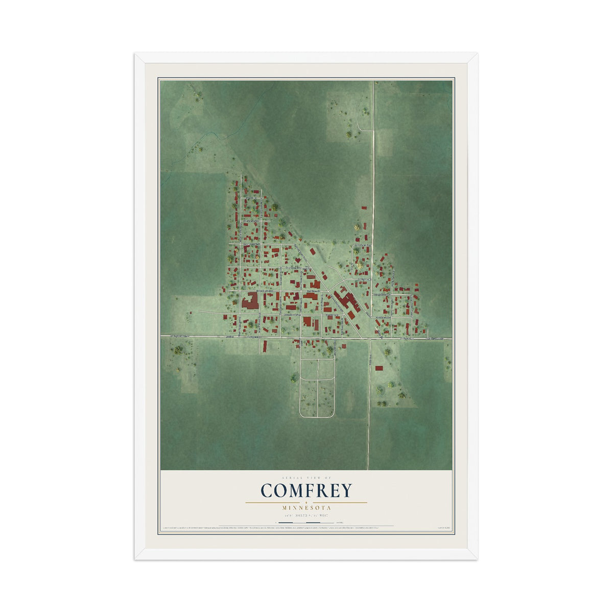Map of Comfrey, Minnesota, 12 x 18 inch print in a white wood frame