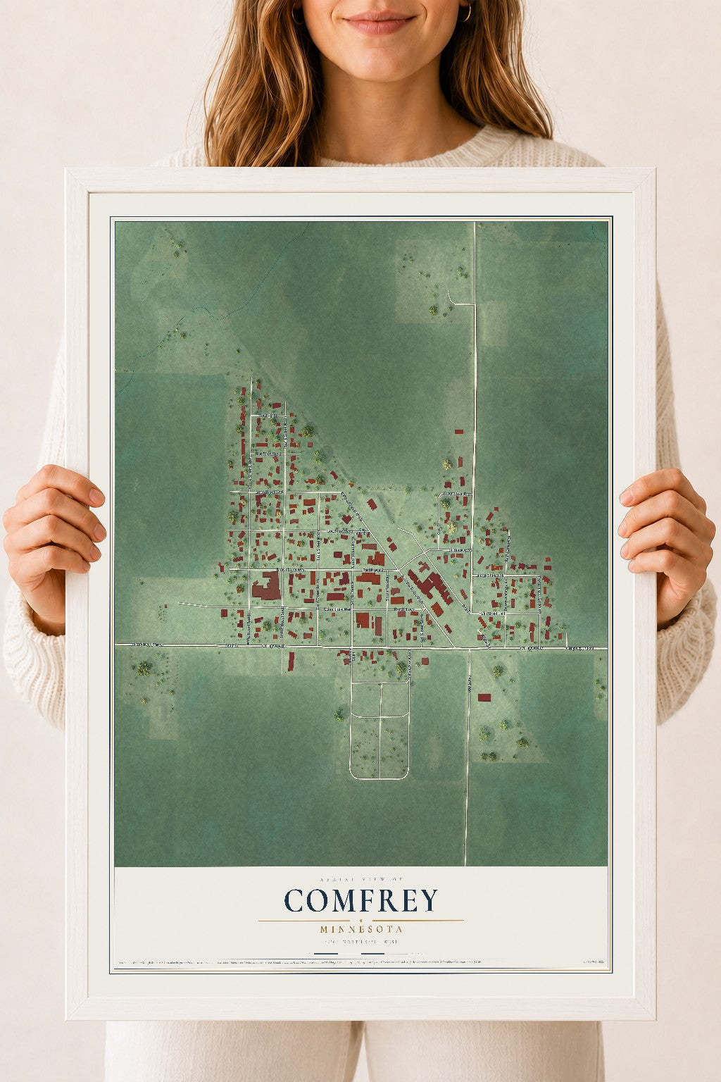 Map of Comfrey, Minnesota, 18 x 24 inch print in a white wood frame