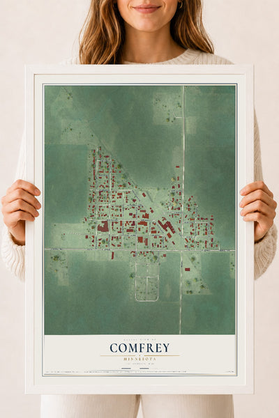 Map of Comfrey, Minnesota, 18 x 24 inch print in a white wood frame