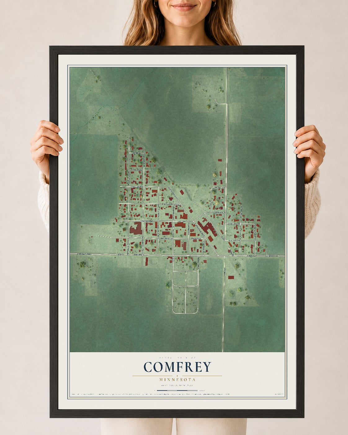 Map of Comfrey, Minnesota, 24 x 36 inch print in a black wood frame