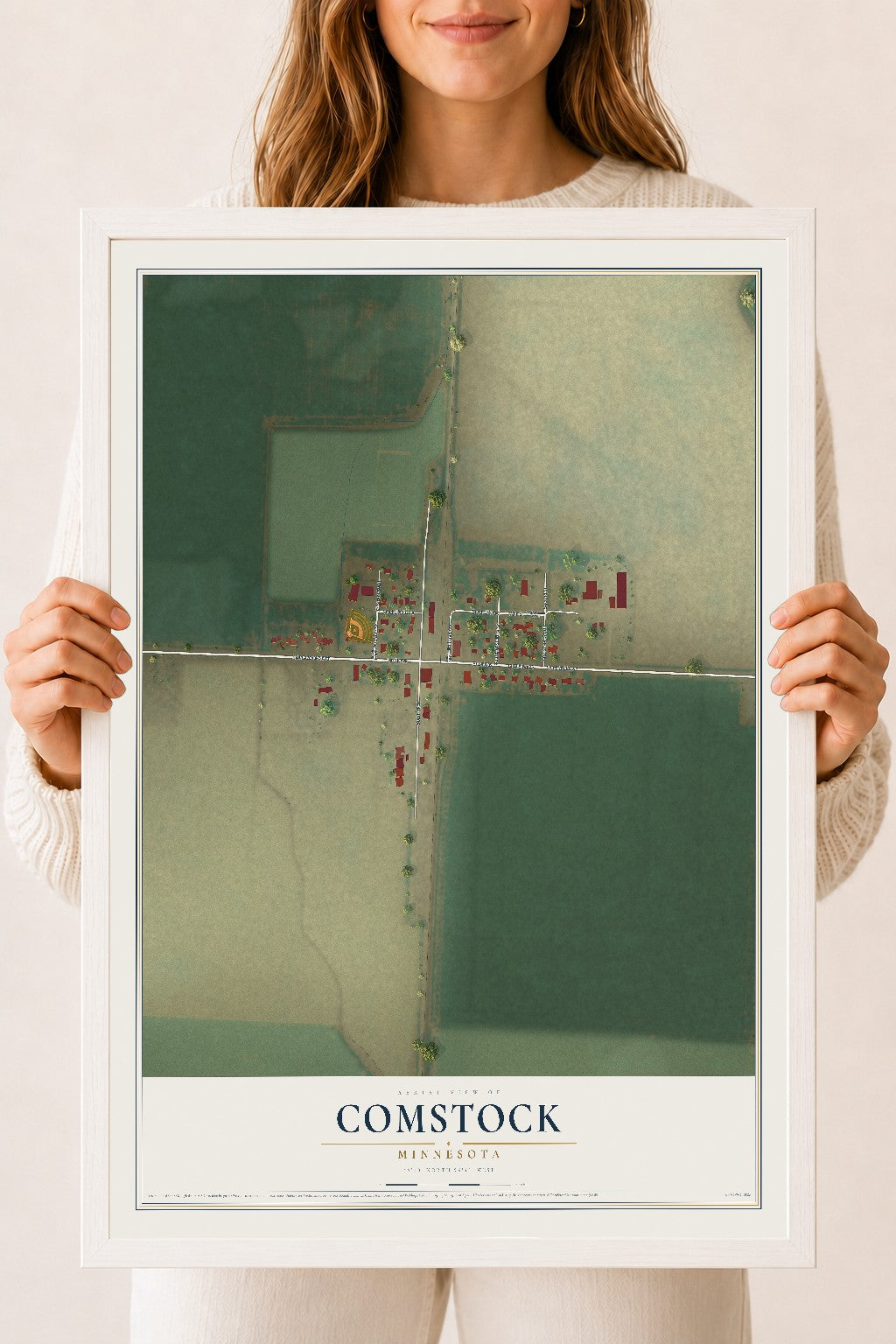 Map of Comstock, Minnesota, 18 x 24 inch print in a white wood frame