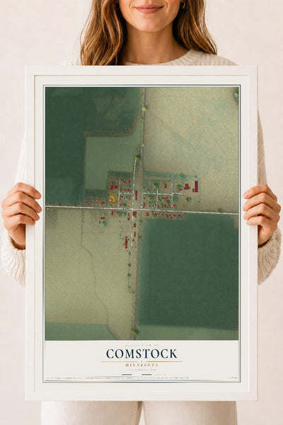Map of Comstock, Minnesota, 18 x 24 inch print in a white wood frame