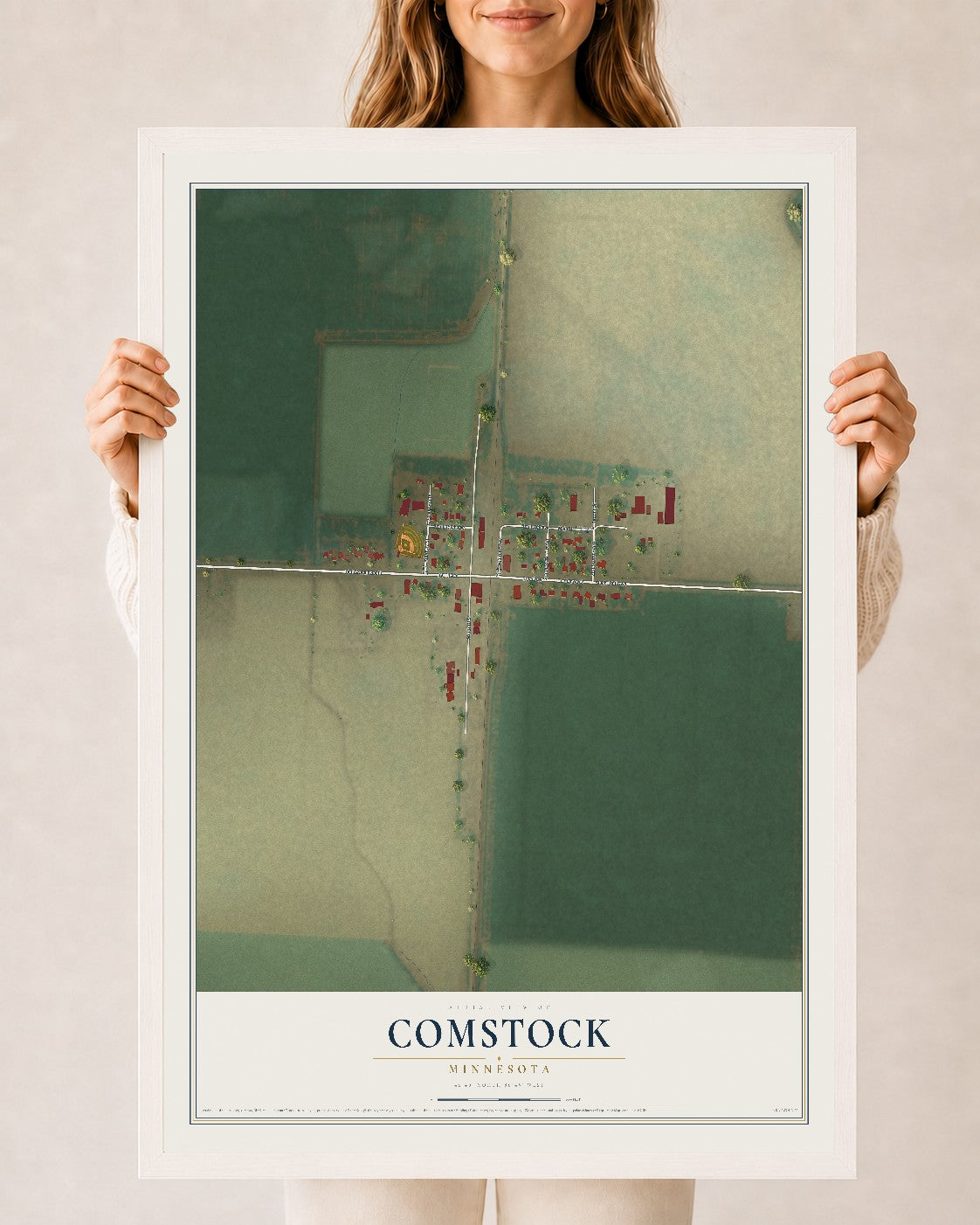 Map of Comstock, Minnesota, 24 x 36 inch print in a white wood frame