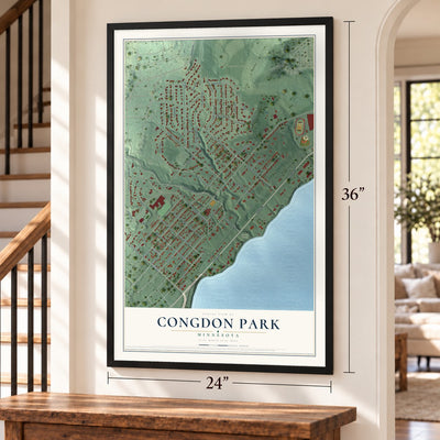 Congdon Park, Minnesota map, 24 x 36 inch print in a black frame by a staircase