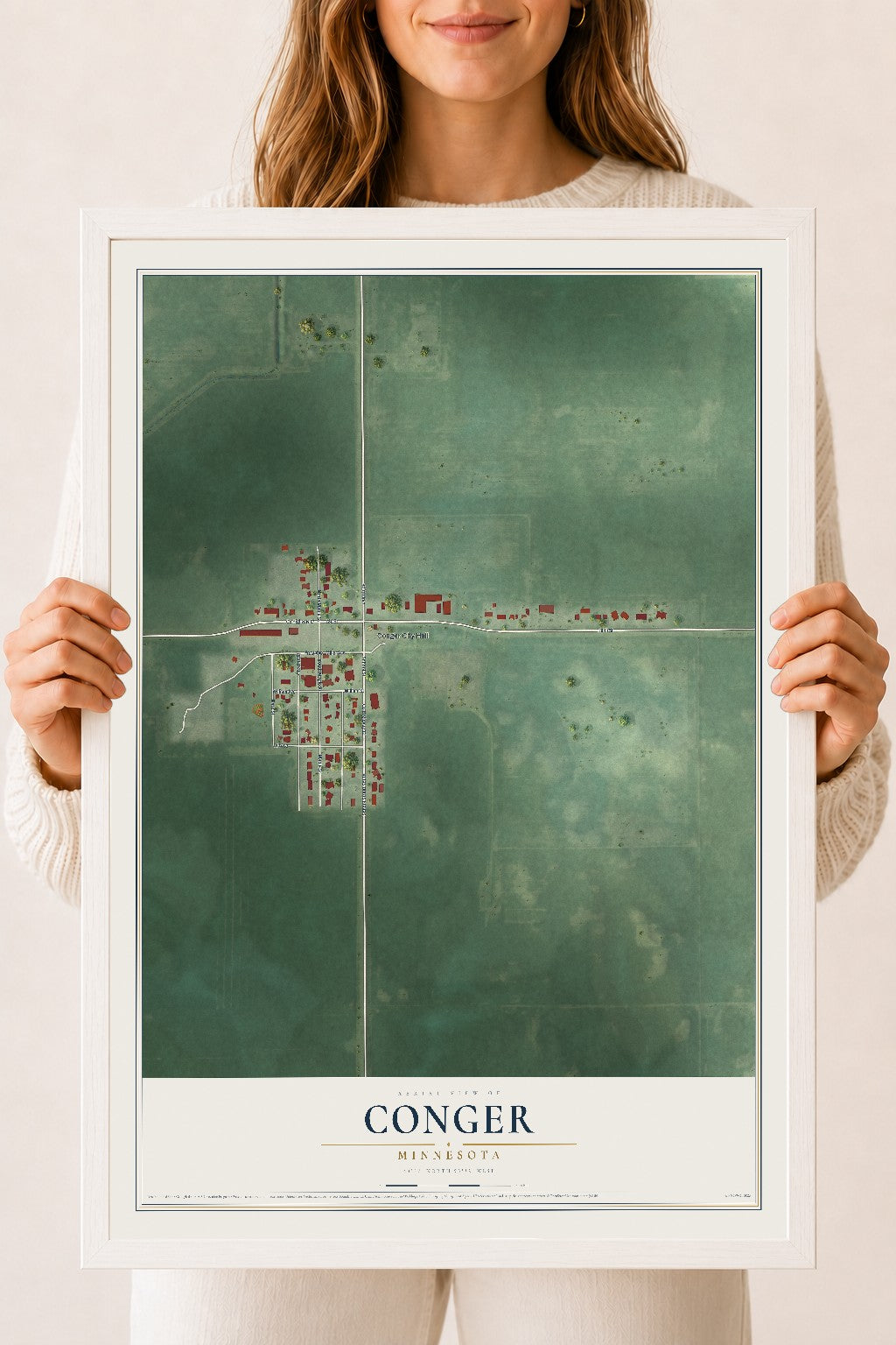 Map of Conger, Minnesota, 18 x 24 inch print in a white wood frame