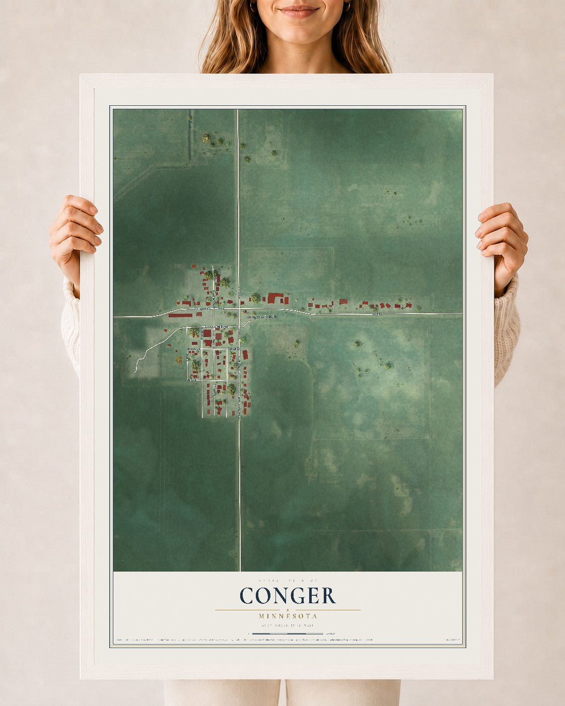 Map of Conger, Minnesota, 24 x 36 inch print in a white wood frame