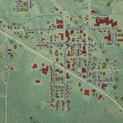 Close-up of the map of Cook, Minnesota print showing street and building detail