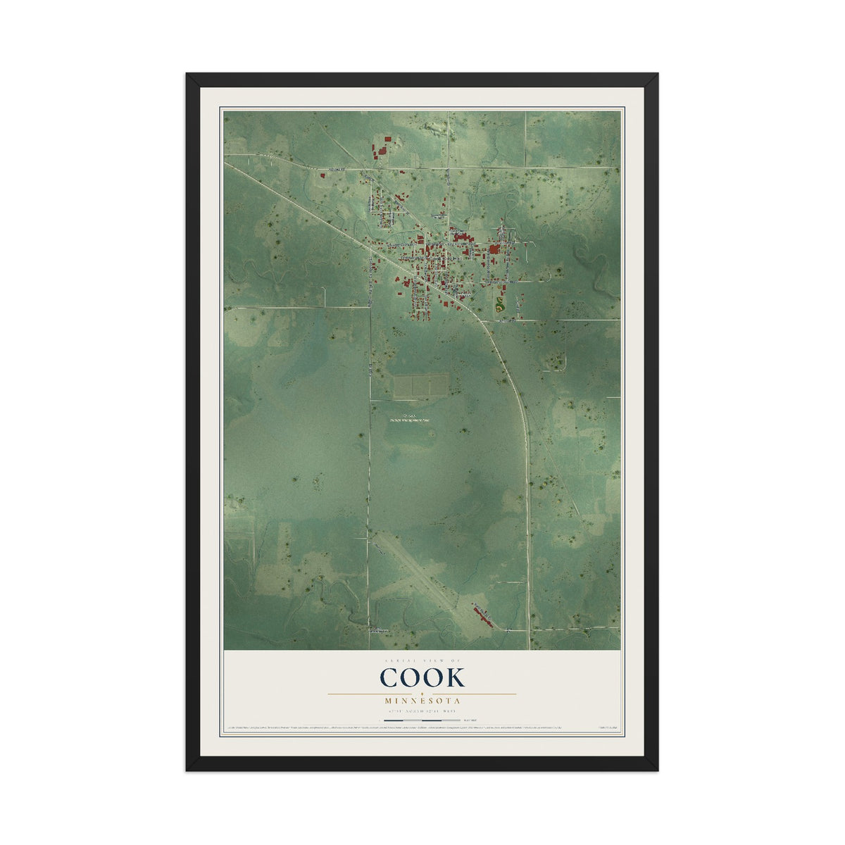 Map of Cook, Minnesota, 12 x 18 inch print in a black wood frame