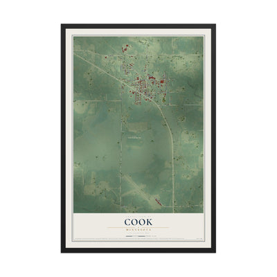 Map of Cook, Minnesota, 12 x 18 inch print in a black wood frame