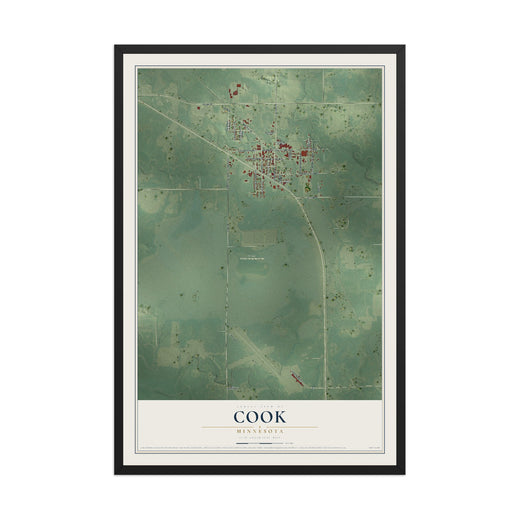 Map of Cook, Minnesota, 12 x 18 inch print in a black wood frame