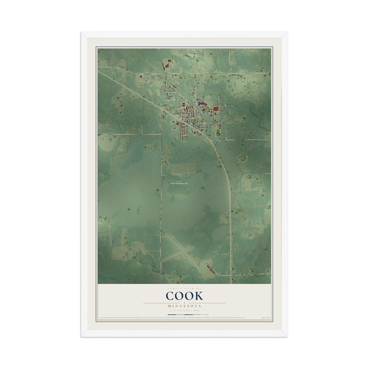 Map of Cook, Minnesota, 12 x 18 inch print in a white wood frame