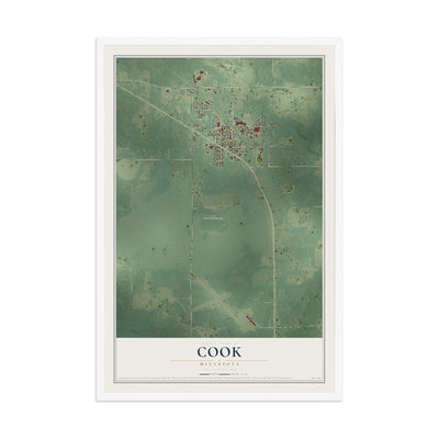 Map of Cook, Minnesota, 12 x 18 inch print in a white wood frame