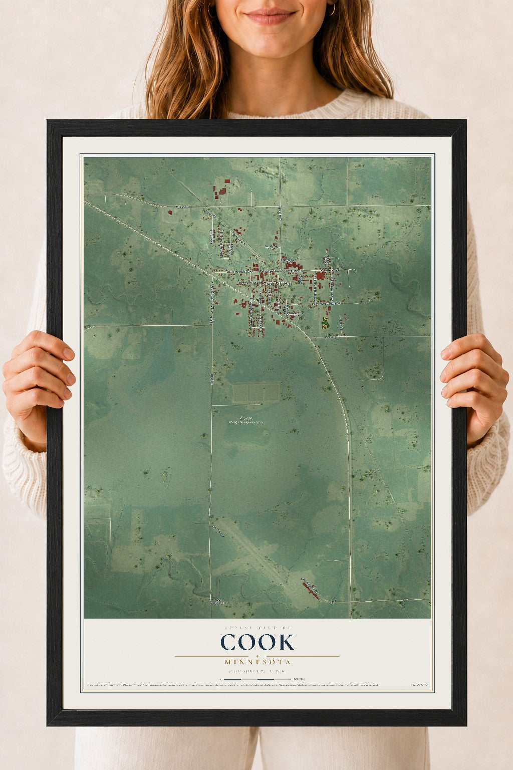 Map of Cook, Minnesota, 18 x 24 inch print in a black wood frame