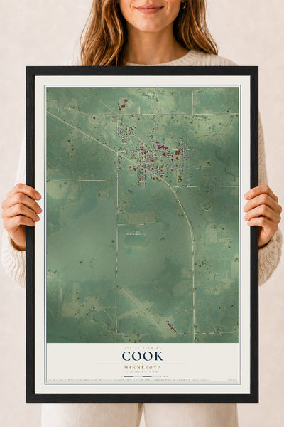 Map of Cook, Minnesota, 18 x 24 inch print in a black wood frame