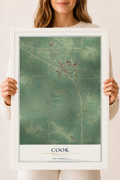 Map of Cook, Minnesota, 18 x 24 inch print in a white wood frame