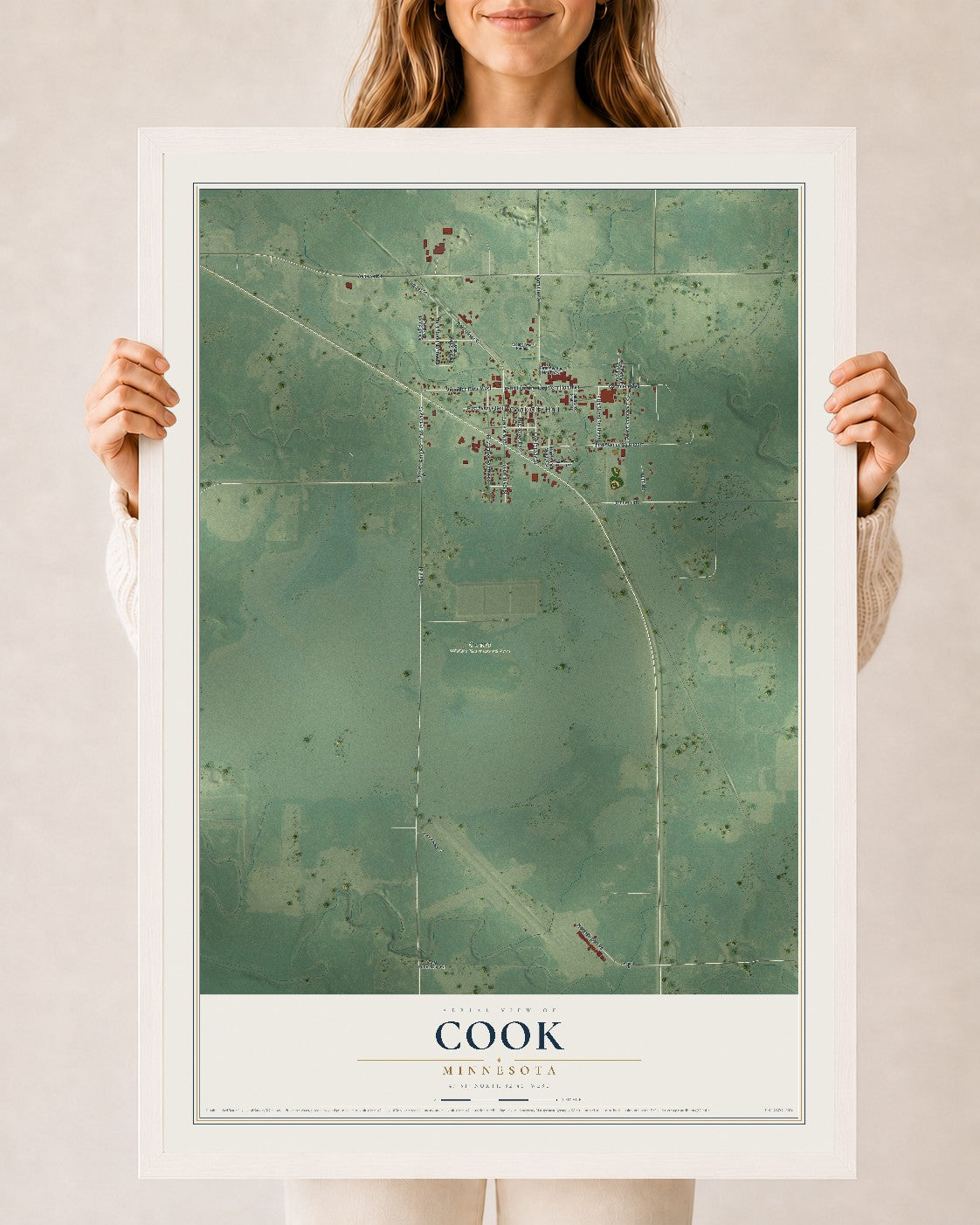 Map of Cook, Minnesota, 24 x 36 inch print in a white wood frame